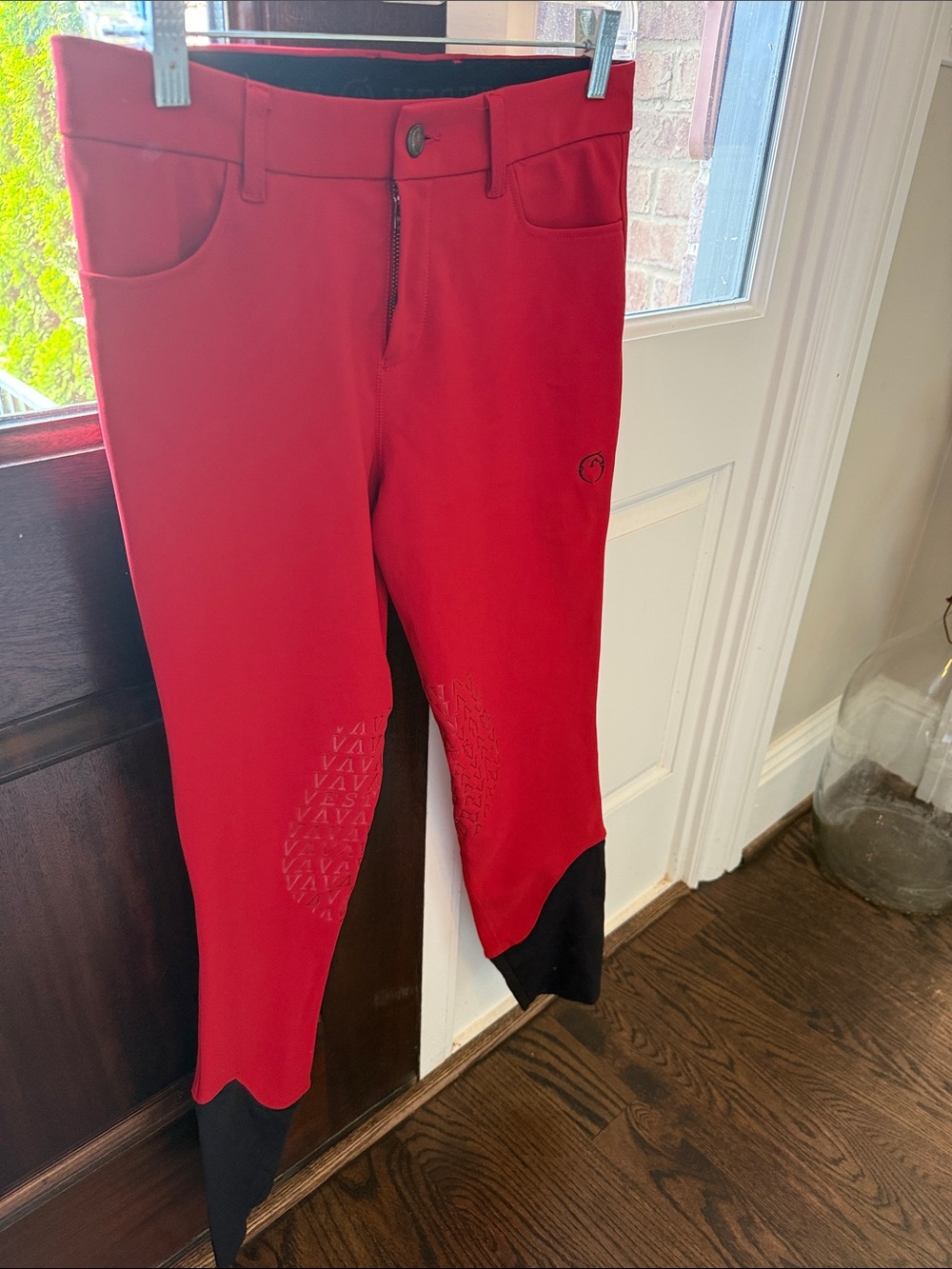 Red Women's Equestrian Breeches with Black Knee Patches